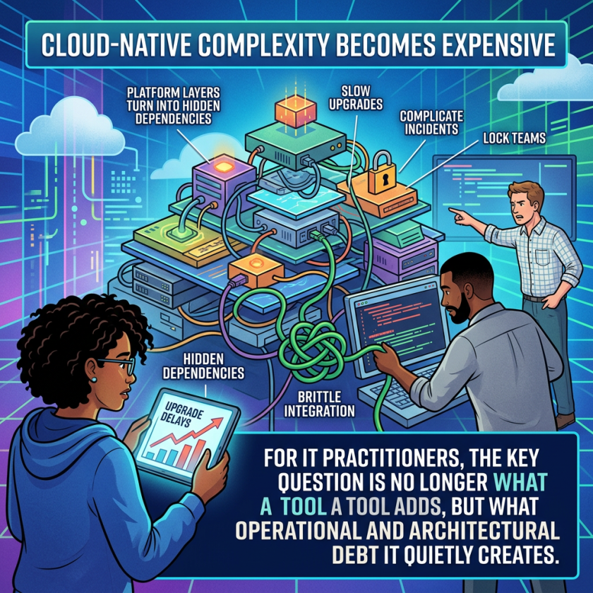 Infographic text: CLOUD-NATIVE COMPLEXITY BECOMES EXPENSIVE; PLATFORM LAYERS TURN INTO HIDDEN DEPENDENCIES; SLOW UPGRADES; COMPLICATE INCIDENTS; LOCK TEAMS; HIDDEN DEPENDENCIES; BRITTLE INTEGRATION; UPGRADE DELAYS; FOR IT PRACTITIONERS, THE KEY QUESTION IS NO LONGER WHAT A TOOL ADDS, BUT WHAT OPERATIONAL AND ARCHITECTURAL DEBT IT QUIETLY CREATES.