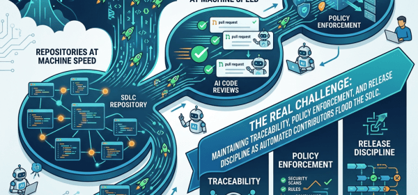 Harness infographic showing AI code generation, repository workflows, policy enforcement, traceability, and release discipline