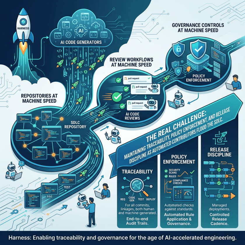Harness infographic showing AI code generation, repository workflows, policy enforcement, traceability, and release discipline