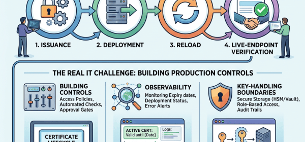 “CERTIFICATE RENEWAL: BEYOND ISSUANCE TO FULL OPERATIONAL VERIFICATION”; “THE UNIFIED WORKFLOW”; 1. ISSUANCE; 2. DEPLOYMENT; 3. RELOAD; 4. LIVE-ENDPOINT VERIFICATION; “Verification that the new certificate is ACTUALLY being served.”; “THE REAL IT CHALLENGE: BUILDING PRODUCTION CONTROLS”; BUILDING CONTROLS—Access Policies, Automated Checks, Approval Gates; OBSERVABILITY—Monitoring Expiry dates, Deployment Status, Error Alerts; KEY-HANDLING BOUNDARIES—Secure Storage (HSM/Vault), Role-Based Access, Audit Trails; “CERTIFICATE LIFECYCLE MANAGED”; “ACTIVE CERT: Valid until [Date]”; “Logs:”; “Key generation isolated from public networks”; “PROVED: PRODUCTION IS SERVING NEW CERTIFICATE”.