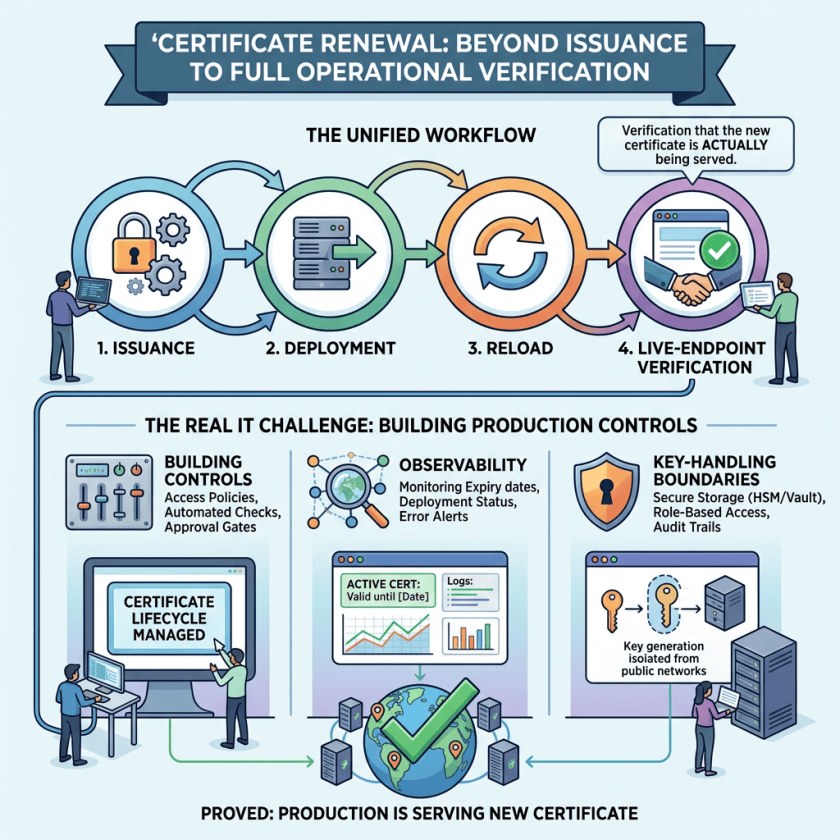 “CERTIFICATE RENEWAL: BEYOND ISSUANCE TO FULL OPERATIONAL VERIFICATION”; “THE UNIFIED WORKFLOW”; 1. ISSUANCE; 2. DEPLOYMENT; 3. RELOAD; 4. LIVE-ENDPOINT VERIFICATION; “Verification that the new certificate is ACTUALLY being served.”; “THE REAL IT CHALLENGE: BUILDING PRODUCTION CONTROLS”; BUILDING CONTROLS—Access Policies, Automated Checks, Approval Gates; OBSERVABILITY—Monitoring Expiry dates, Deployment Status, Error Alerts; KEY-HANDLING BOUNDARIES—Secure Storage (HSM/Vault), Role-Based Access, Audit Trails; “CERTIFICATE LIFECYCLE MANAGED”; “ACTIVE CERT: Valid until [Date]”; “Logs:”; “Key generation isolated from public networks”; “PROVED: PRODUCTION IS SERVING NEW CERTIFICATE”.