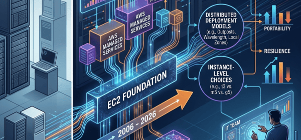 Infographic showing AWS evolution from EC2 to AI services and architecture trade-offs