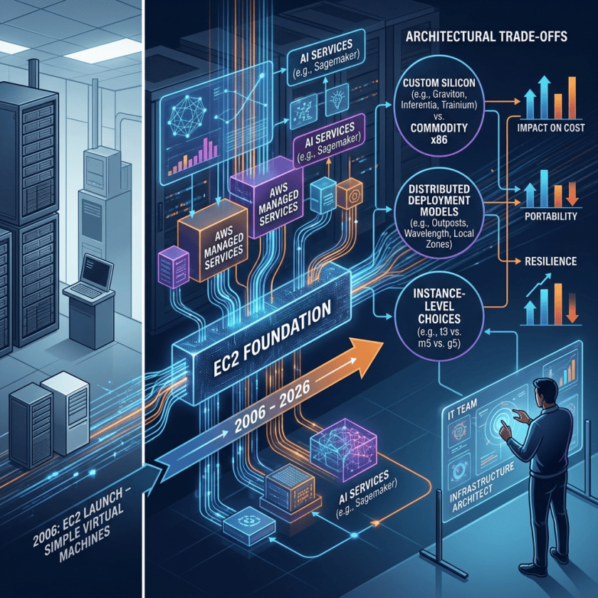 Infographic showing AWS evolution from EC2 to AI services and architecture trade-offs
