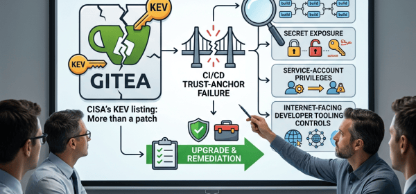Presentation slide reading “IMPACT ANALYSIS: GITEA VULNERABILITY (CISA KEV LISTING)” with CI/CD trust-anchor failure, pipeline reach, secret exposure, service-account privileges, internet-facing controls, and upgrade remediation.