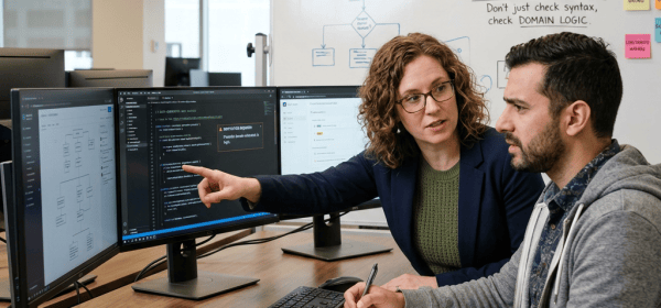 Two colleagues reviewing code beside monitors and a requirements whiteboard