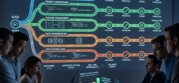 AI-enabled release pipeline diagram showing models, prompts, features, data, and application code