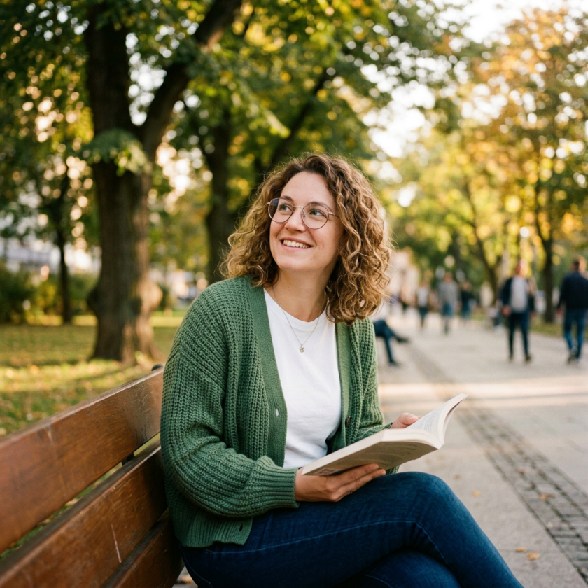 Smiling woman reading a book on a park bench in an autumn park