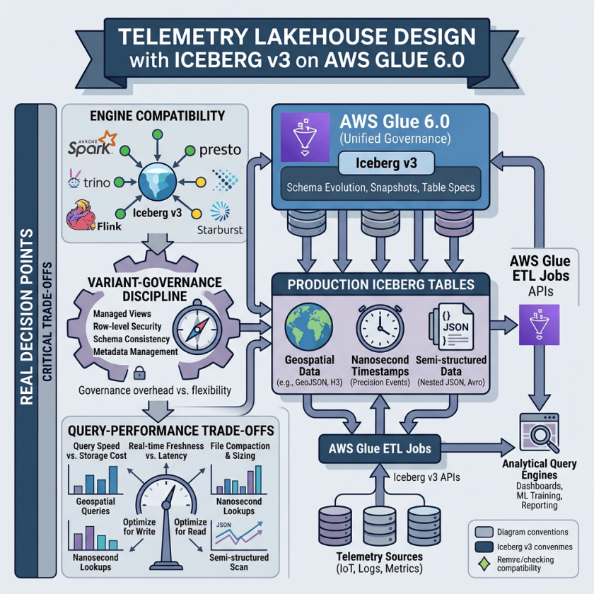 Architecture diagram of Iceberg v3 telemetry lakehouse design with AWS Glue 6.0