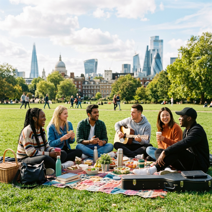 Six friends enjoying a picnic and guitar in a London park