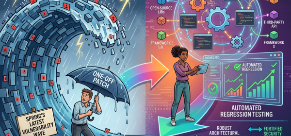 Illustration comparing one-off software patches with disciplined supply-chain security