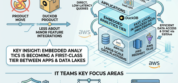 Infographic titled “Conceptual Analysis: AWS & DuckLabs (DuckDB) Acquisition & the Architectural Signal,” showing DuckDB embedded analytics between applications and AWS data platforms, with governance, execution placement, and operational controls.