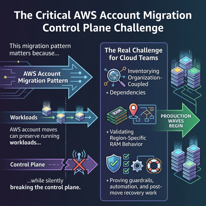 Infographic about AWS account migration challenges and production waves