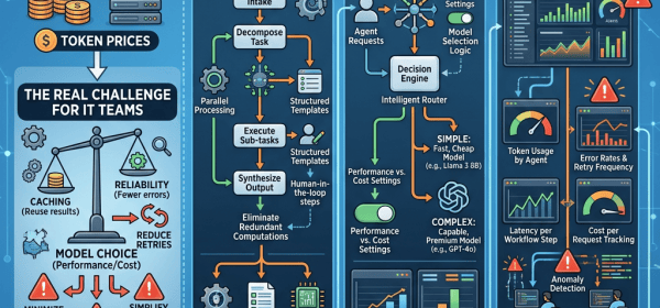 Infographic on lowering agent costs through workflow design, routing discipline, and runtime observability