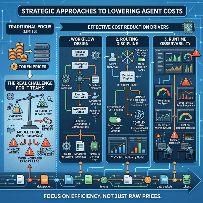 Infographic on lowering agent costs through workflow design, routing discipline, and runtime observability