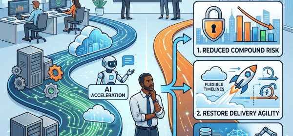 Infographic titled "BEYOND CODE SPEED: THE REAL LEGACY TRANSFORMATION FOCUS" showing "LEGACY MODERNIZATION," "AI ACCELERATION," and "THE STRATEGIC SHIFT" with three outcomes: "1. REDUCED COMPOUND RISK," "2. RESTORE DELIVERY AGILITY," and "3. BUILD AI-FIT PLATFORM," plus labels "FLEXIBLE TIMELINES," "DATA," and "DIVERSE SERVICES."