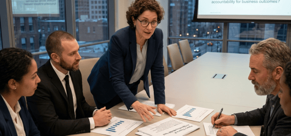Executives discuss Haier's Theory R operating-model test around a conference table.
