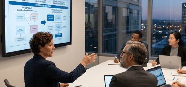 Executive team discussing AI governance presentation in a conference room