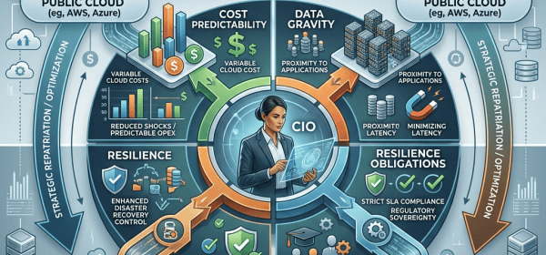 Infographic on workload repatriation balancing cost predictability, data gravity, resilience, compliance, and talent.