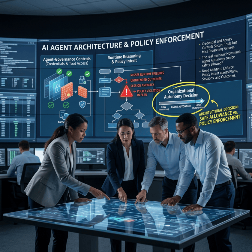 Team reviewing AI agent architecture and policy enforcement dashboard