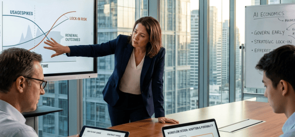 Business team reviewing consumption, value, and AI economics charts
