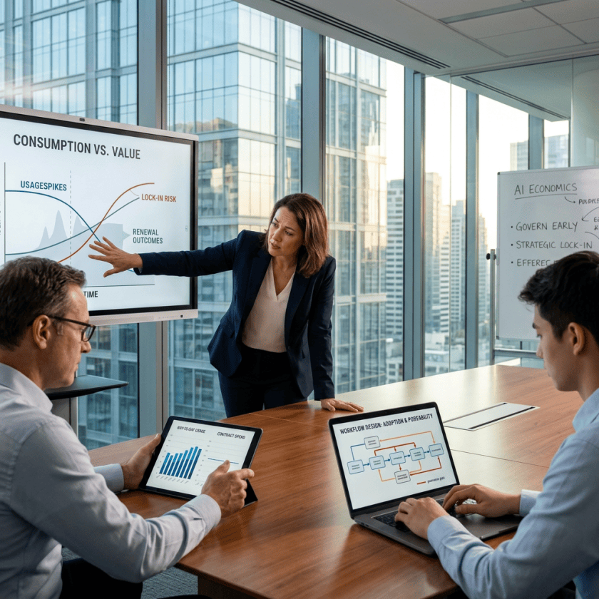 Business team reviewing consumption, value, and AI economics charts