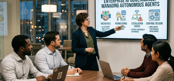 Presenter explains “Enterprise AI Governance: Managing Autonomous Agents,” covering incentives, permissions, escalation paths, and control design.