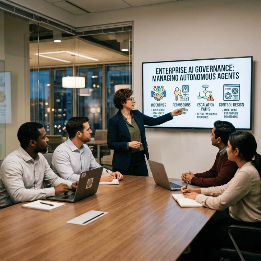 Presenter explains “Enterprise AI Governance: Managing Autonomous Agents,” covering incentives, permissions, escalation paths, and control design.