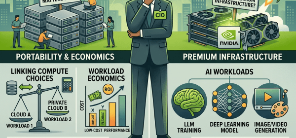 Infographic titled NVIDIA EARNINGS: CIOs Ask the Bigger Question, comparing portability and economics with premium infrastructure, AI workloads, vendor leverage, and long-term flexibility.
