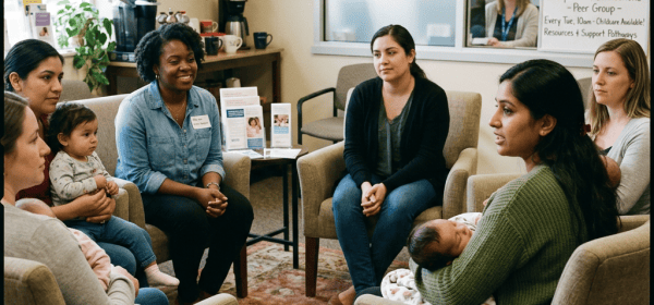 Parents and babies gathered for a postpartum support group in a clinic