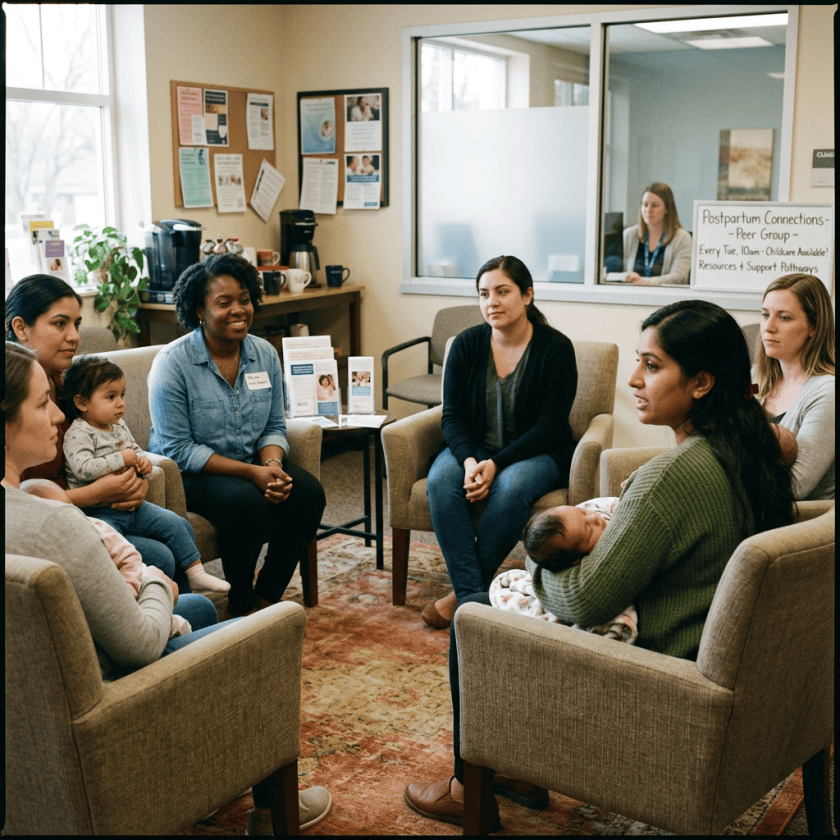 Parents and babies gathered for a postpartum support group in a clinic
