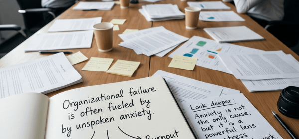 Stressed coworkers around a table; notebook reads “Organizational failure is often fueled by unspoken anxiety,” with arrows to “Blame,” “Burnout,” and “Performative Busyness.” A nearby page reads, “Look deeper: Anxiety is not the only cause, but it’s a powerful lens on stress at work.”