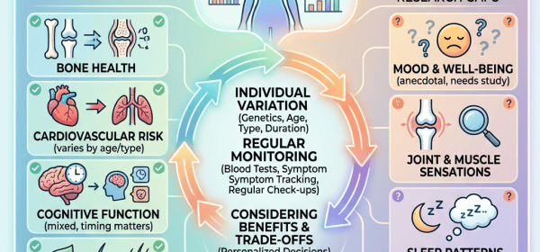 Infographic titled “Hormone Therapy Effects: Analyzing Evidence & Individual Variation,” comparing established effects—bone health, cardiovascular risk, cognitive function, skin and hair changes, metabolic biomarkers—with emerging signals—mood and well-being, joint and muscle sensations, sleep patterns, immune system effects—and highlighting individualized monitoring, benefits and trade-offs, and critical evidence analysis.