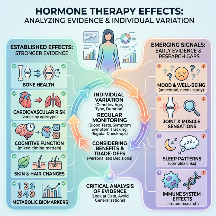 Infographic titled “Hormone Therapy Effects: Analyzing Evidence & Individual Variation,” comparing established effects—bone health, cardiovascular risk, cognitive function, skin and hair changes, metabolic biomarkers—with emerging signals—mood and well-being, joint and muscle sensations, sleep patterns, immune system effects—and highlighting individualized monitoring, benefits and trade-offs, and critical evidence analysis.
