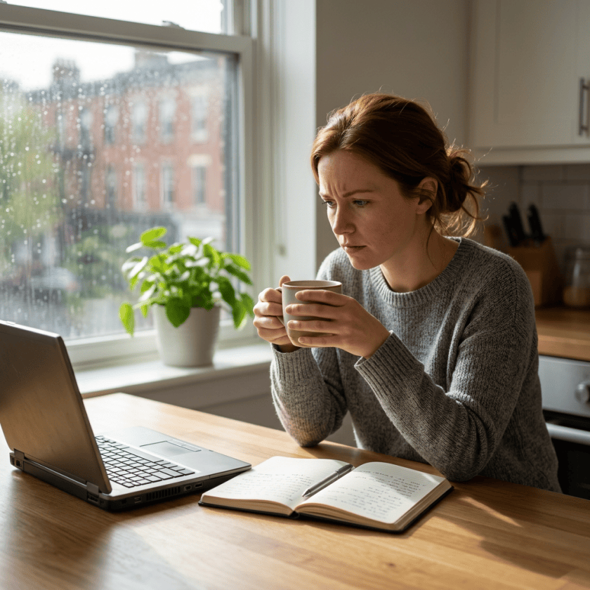 Woman holding coffee beside laptop and open notebook at kitchen table