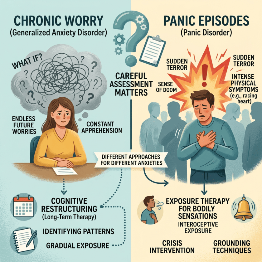 Infographic comparing chronic worry and panic episodes, symptoms, and treatments