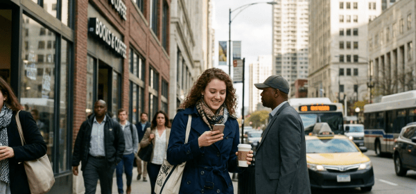 Woman checking her phone outside a downtown coffee shop as pedestrians pass