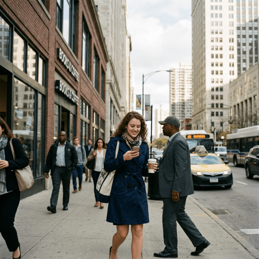 Woman checking her phone outside a downtown coffee shop as pedestrians pass