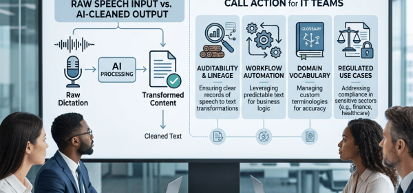 Screen titled “IMPLICATIONS OF AI-TRANSFORMED SPEECH MODELS” showing raw speech input, AI processing, cleaned text, and IT team actions: auditability and lineage, workflow automation, domain vocabulary, and regulated use cases.