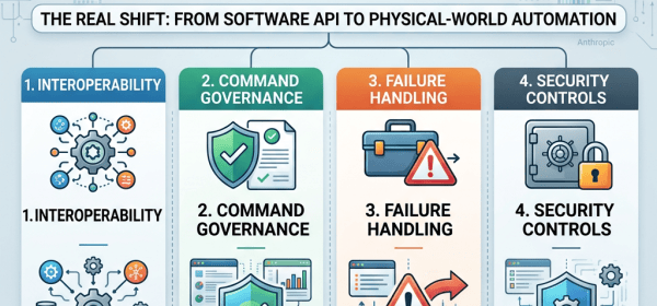 Infographic outlining four AI hardware integration priorities: interoperability, governance, failure handling, and security controls.