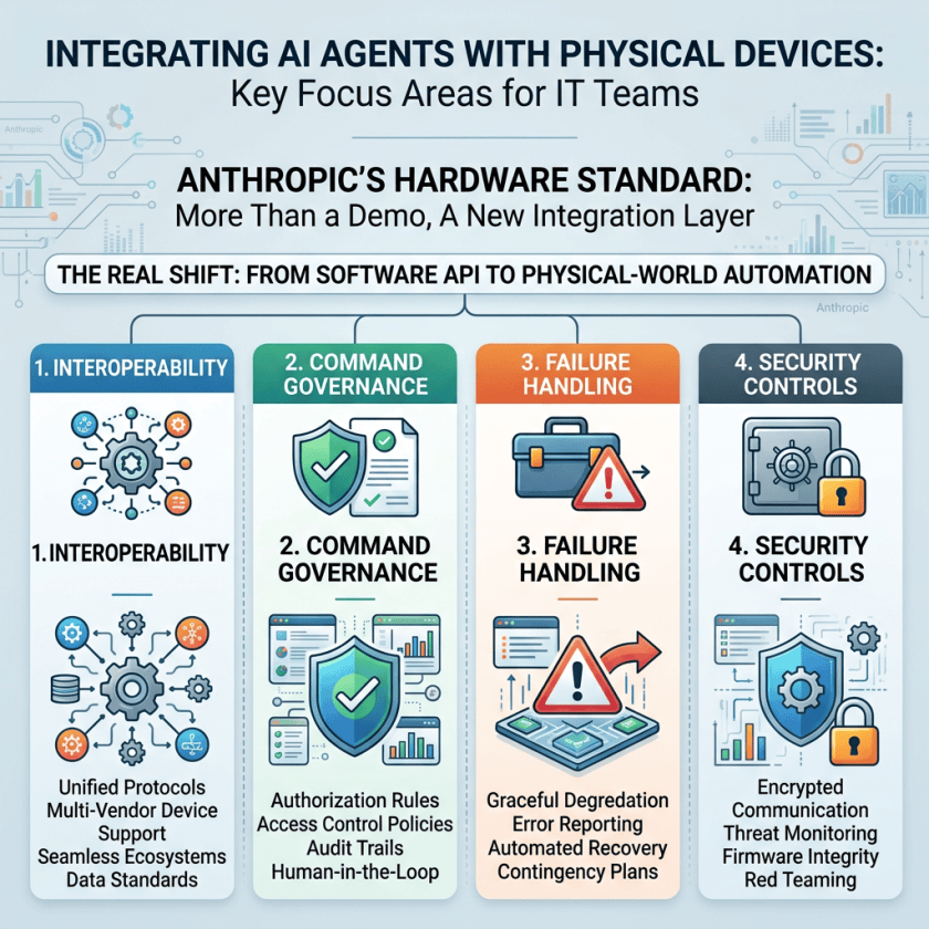 Infographic outlining four AI hardware integration priorities: interoperability, governance, failure handling, and security controls.