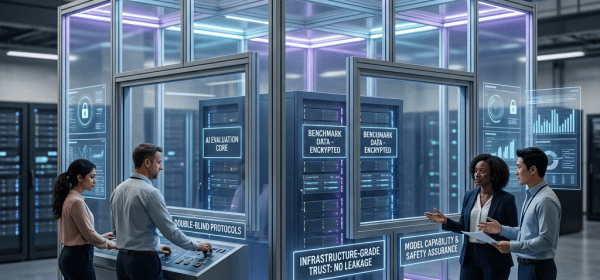Secure AI Benchmark Enclave with four professionals, encrypted benchmark servers, and evaluation panels