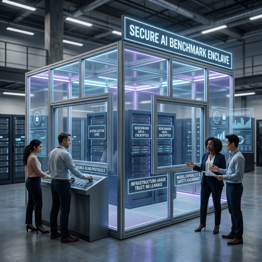 Secure AI Benchmark Enclave with four professionals, encrypted benchmark servers, and evaluation panels