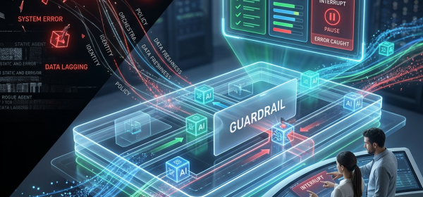 AI guardrail architecture labeled Runtime Architecture, Guardrail, Interrupt, System Error, and Data Lagging