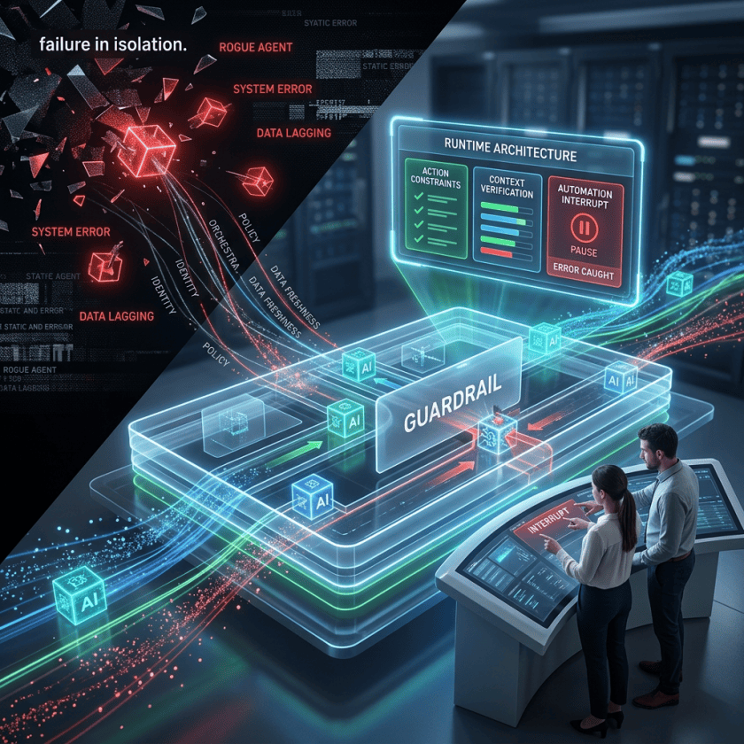 AI guardrail architecture labeled Runtime Architecture, Guardrail, Interrupt, System Error, and Data Lagging