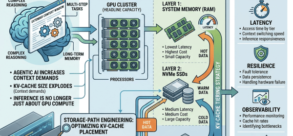 Infographic showing KV-cache placement across RAM, NVMe SSDs, and network storage