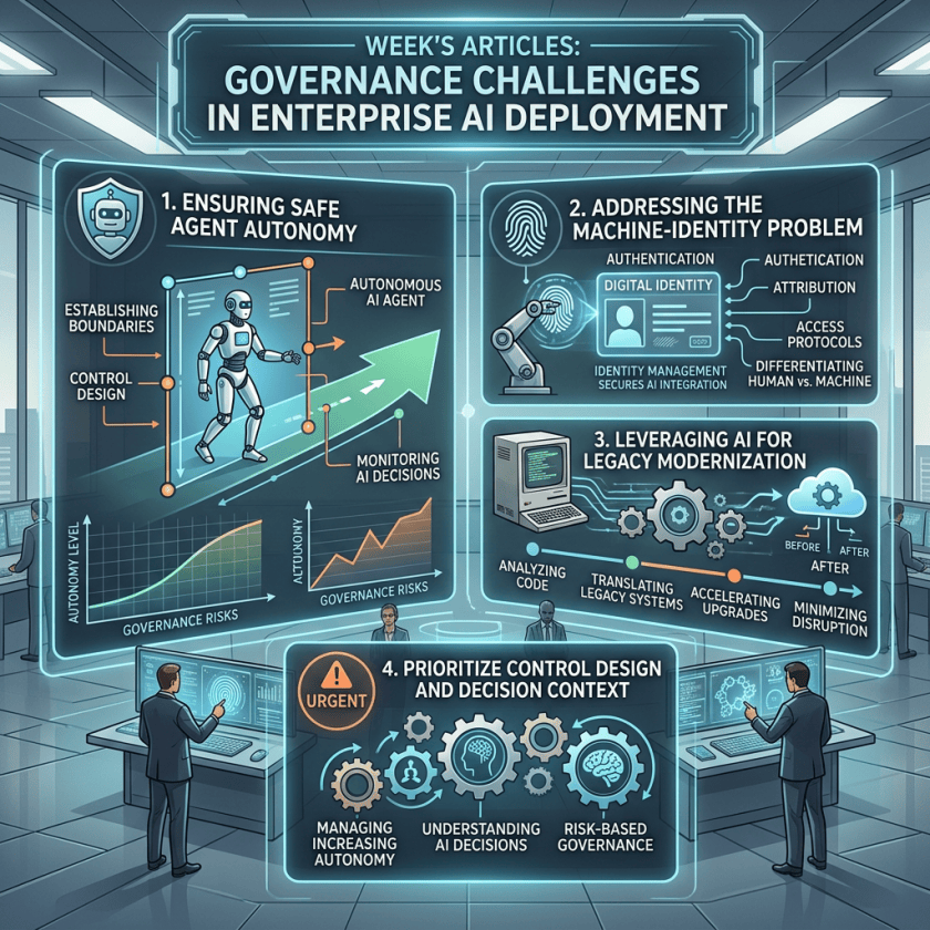 Infographic titled Governance Challenges in Enterprise AI Deployment with four governance priorities