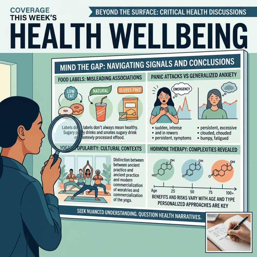 Infographic titled “This Week’s Health Wellbeing” and “Beyond the Surface: Critical Health Discussions,” covering food labels, panic attacks versus generalized anxiety, yoga popularity, and hormone therapy complexities.