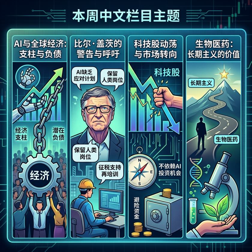 Infographic titled 本周中文栏目主题, covering AI and global economy, Bill Gates warnings, technology stocks, and biotechnology.