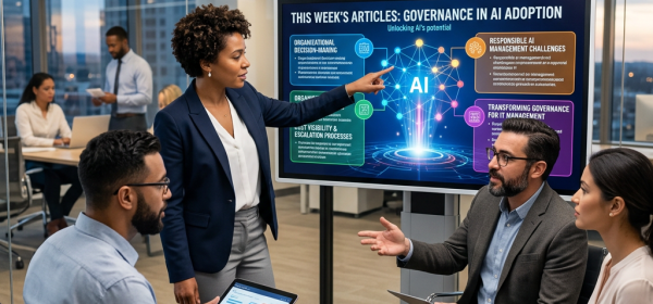 Team discussing AI governance adoption around a presentation screen
