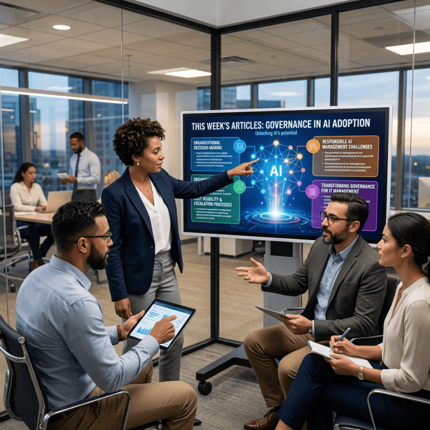 Team discussing AI governance adoption around a presentation screen